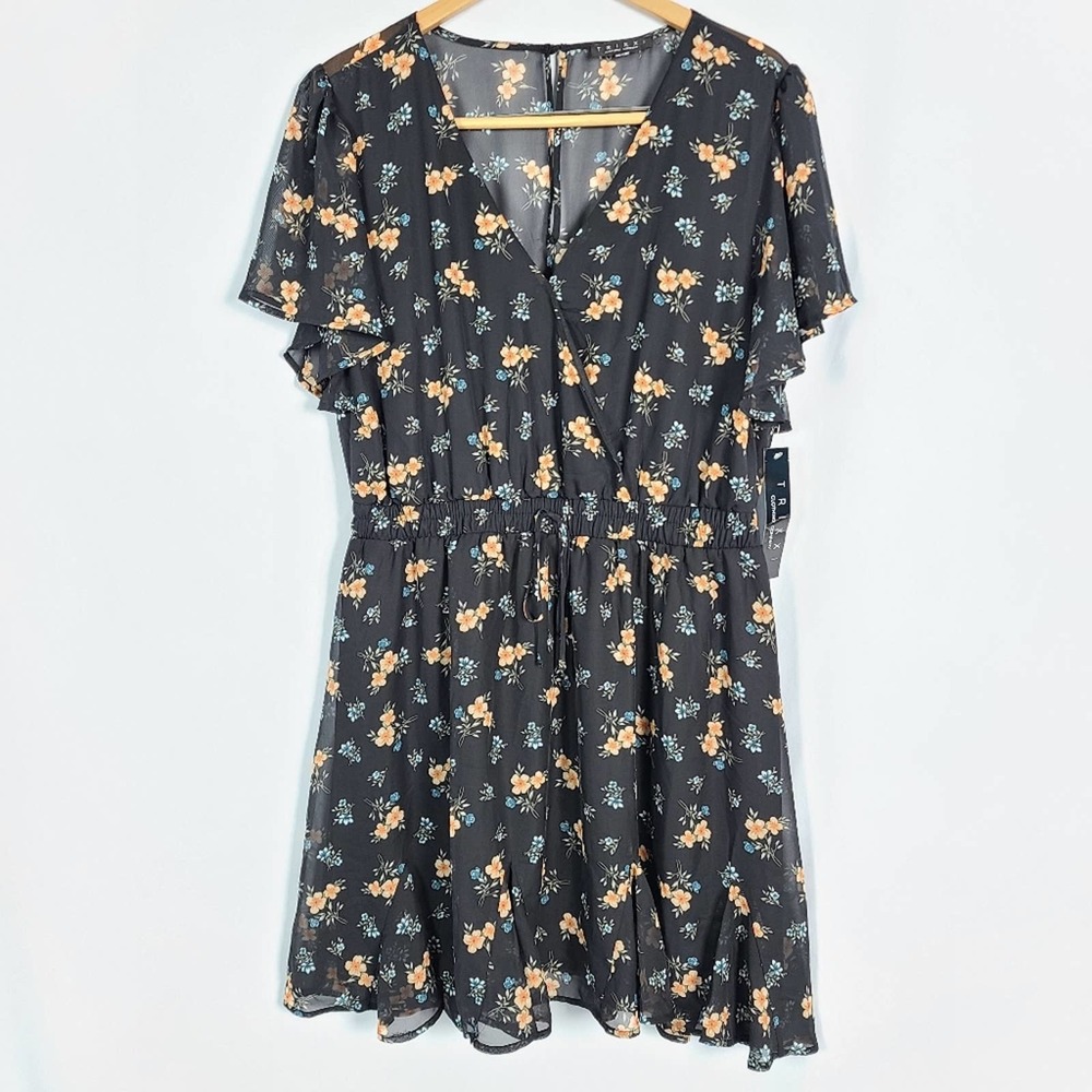 Trixxi Floral Black V-neck Plus Size Mini Dress 1X